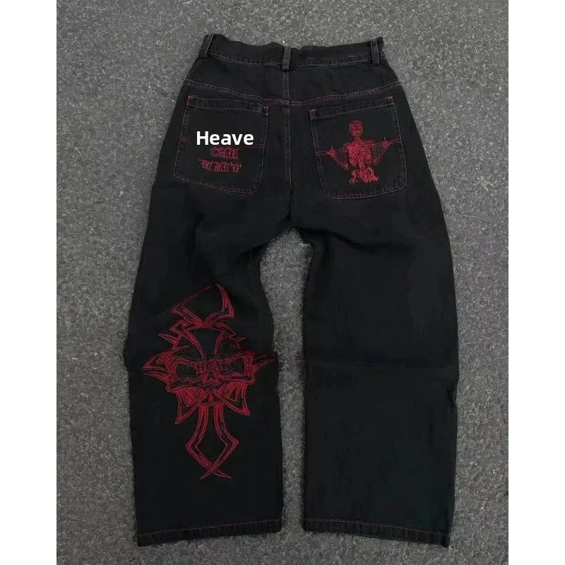 Loose Straight Leg Men'S Casual Pants Skull Head Embroidery Wide Leg Hip Hop Fashion High Street Style Comfortable Trousers