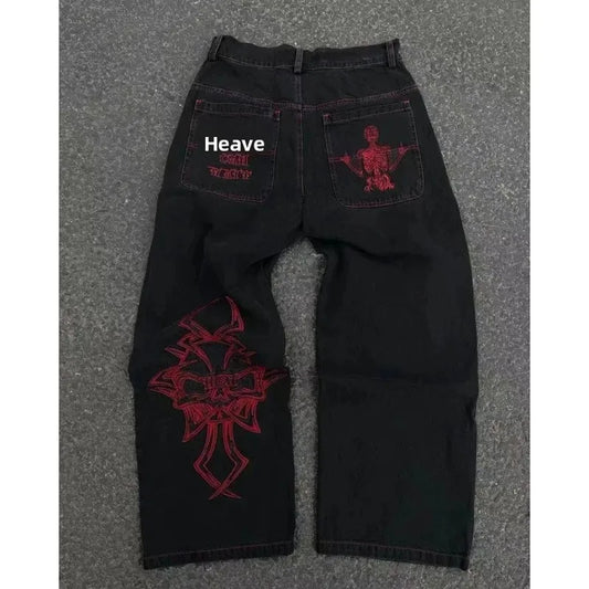 Loose Straight Leg Men'S Casual Pants Skull Head Embroidery Wide Leg Hip Hop Fashion High Street Style Comfortable Trousers