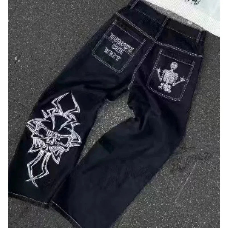 Loose Straight Leg Men'S Casual Pants Skull Head Embroidery Wide Leg Hip Hop Fashion High Street Style Comfortable Trousers