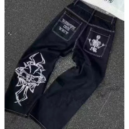 Loose Straight Leg Men'S Casual Pants Skull Head Embroidery Wide Leg Hip Hop Fashion High Street Style Comfortable Trousers