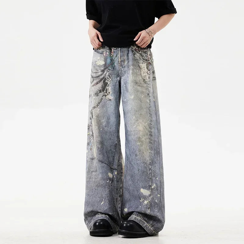2024 New Men'S 3D Chain Printed Baggy Jeans Autumn Casual Baggy Straight Denim Pants Women High Street Blue Wide-Leg Y2K Jean