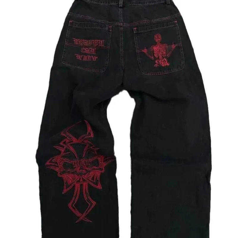 Loose Straight Leg Men'S Casual Pants Skull Head Embroidery Wide Leg Hip Hop Fashion High Street Style Comfortable Trousers