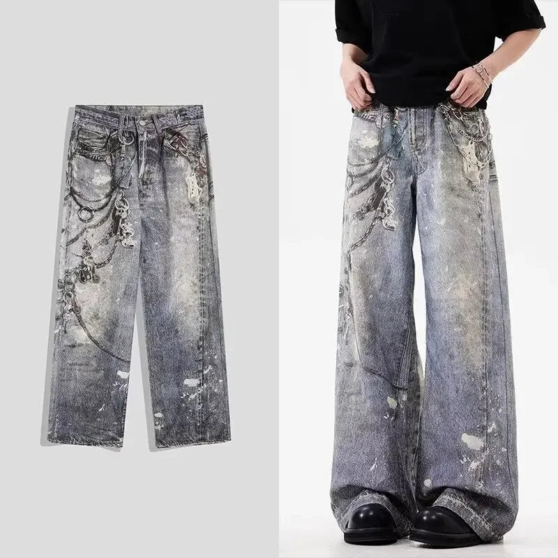 2024 New Men'S 3D Chain Printed Baggy Jeans Autumn Casual Baggy Straight Denim Pants Women High Street Blue Wide-Leg Y2K Jean