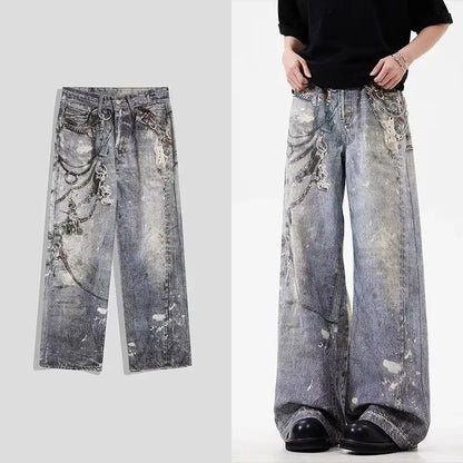 2024 New Men'S 3D Chain Printed Baggy Jeans Autumn Casual Baggy Straight Denim Pants Women High Street Blue Wide-Leg Y2K Jean