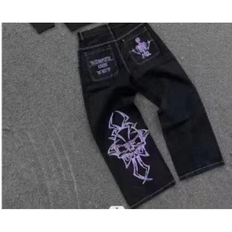 Loose Straight Leg Men'S Casual Pants Skull Head Embroidery Wide Leg Hip Hop Fashion High Street Style Comfortable Trousers