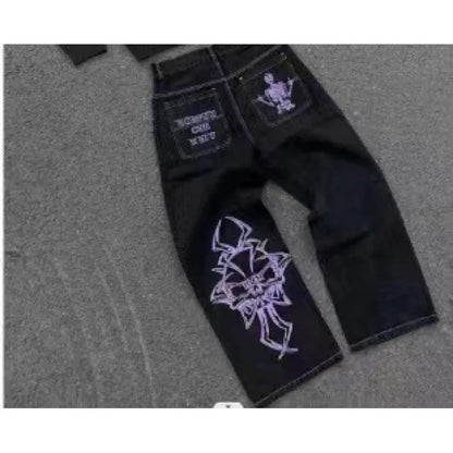 Loose Straight Leg Men'S Casual Pants Skull Head Embroidery Wide Leg Hip Hop Fashion High Street Style Comfortable Trousers