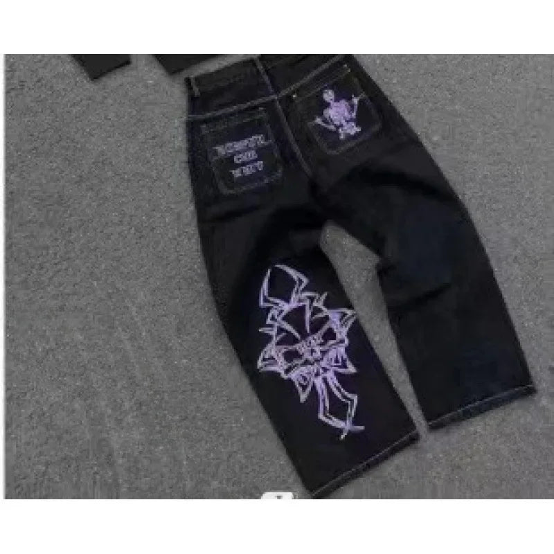 Loose Straight Leg Men'S Casual Pants Skull Head Embroidery Wide Leg Hip Hop Fashion High Street Style Comfortable Trousers