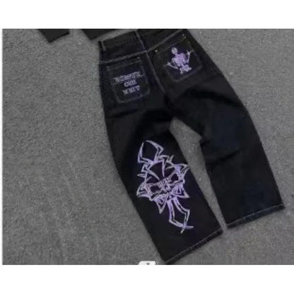 Loose Straight Leg Men'S Casual Pants Skull Head Embroidery Wide Leg Hip Hop Fashion High Street Style Comfortable Trousers