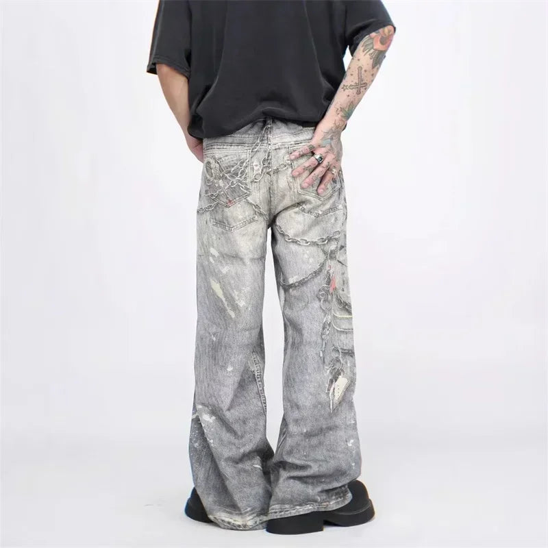 2024 New Men'S 3D Chain Printed Baggy Jeans Autumn Casual Baggy Straight Denim Pants Women High Street Blue Wide-Leg Y2K Jean