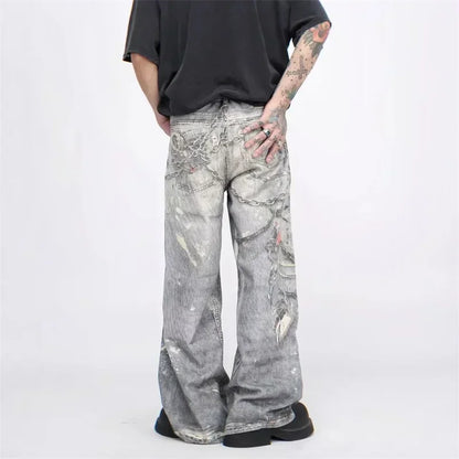 2024 New Men'S 3D Chain Printed Baggy Jeans Autumn Casual Baggy Straight Denim Pants Women High Street Blue Wide-Leg Y2K Jean