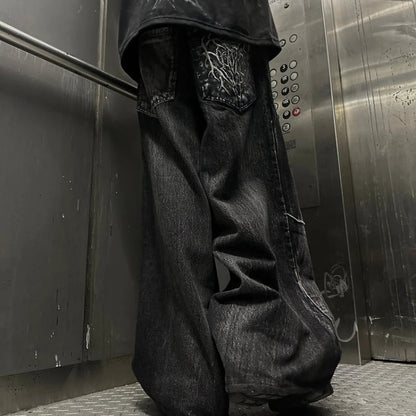 Y2K Phantom Jeans High Street Spider Embroidered Patch Hip Hop Streetwear Gothic Retro Oversized Baggy Fit Unisex Mopping Pants