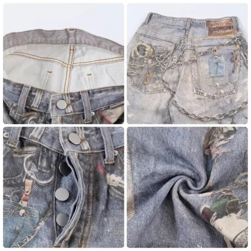 2024 New Men'S 3D Chain Printed Baggy Jeans Autumn Casual Baggy Straight Denim Pants Women High Street Blue Wide-Leg Y2K Jean