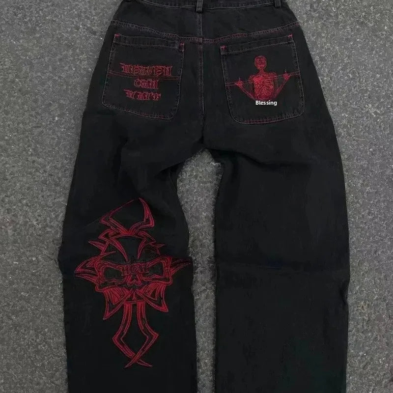Loose Straight Leg Men'S Casual Pants Skull Head Embroidery Wide Leg Hip Hop Fashion High Street Style Comfortable Trousers