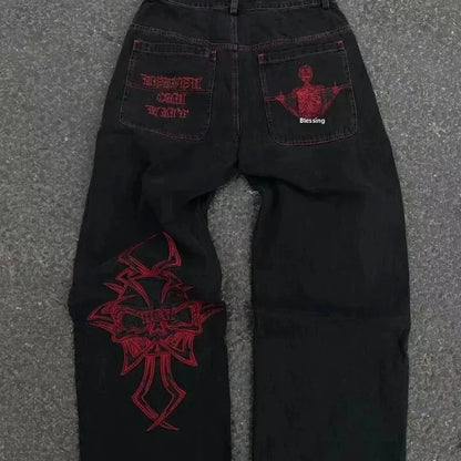 Loose Straight Leg Men'S Casual Pants Skull Head Embroidery Wide Leg Hip Hop Fashion High Street Style Comfortable Trousers