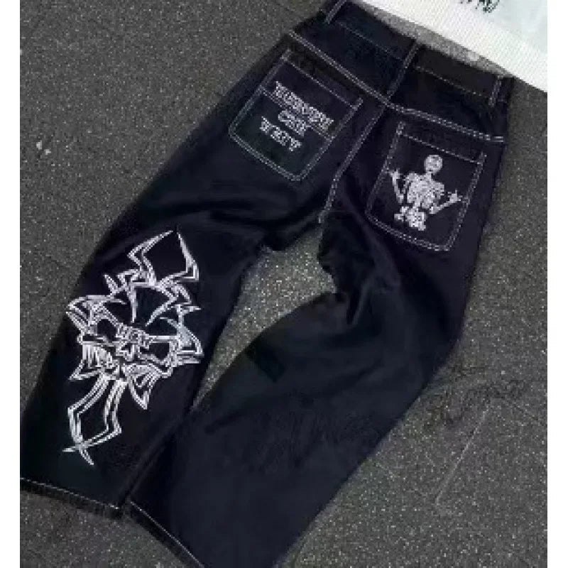 Loose Straight Leg Men'S Casual Pants Skull Head Embroidery Wide Leg Hip Hop Fashion High Street Style Comfortable Trousers