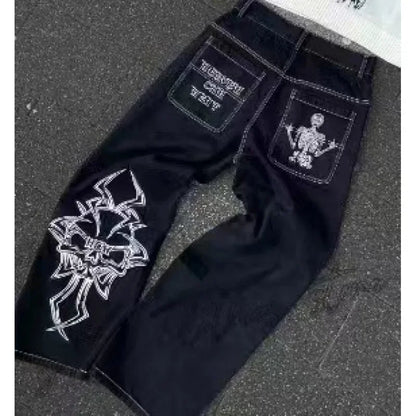 Loose Straight Leg Men'S Casual Pants Skull Head Embroidery Wide Leg Hip Hop Fashion High Street Style Comfortable Trousers