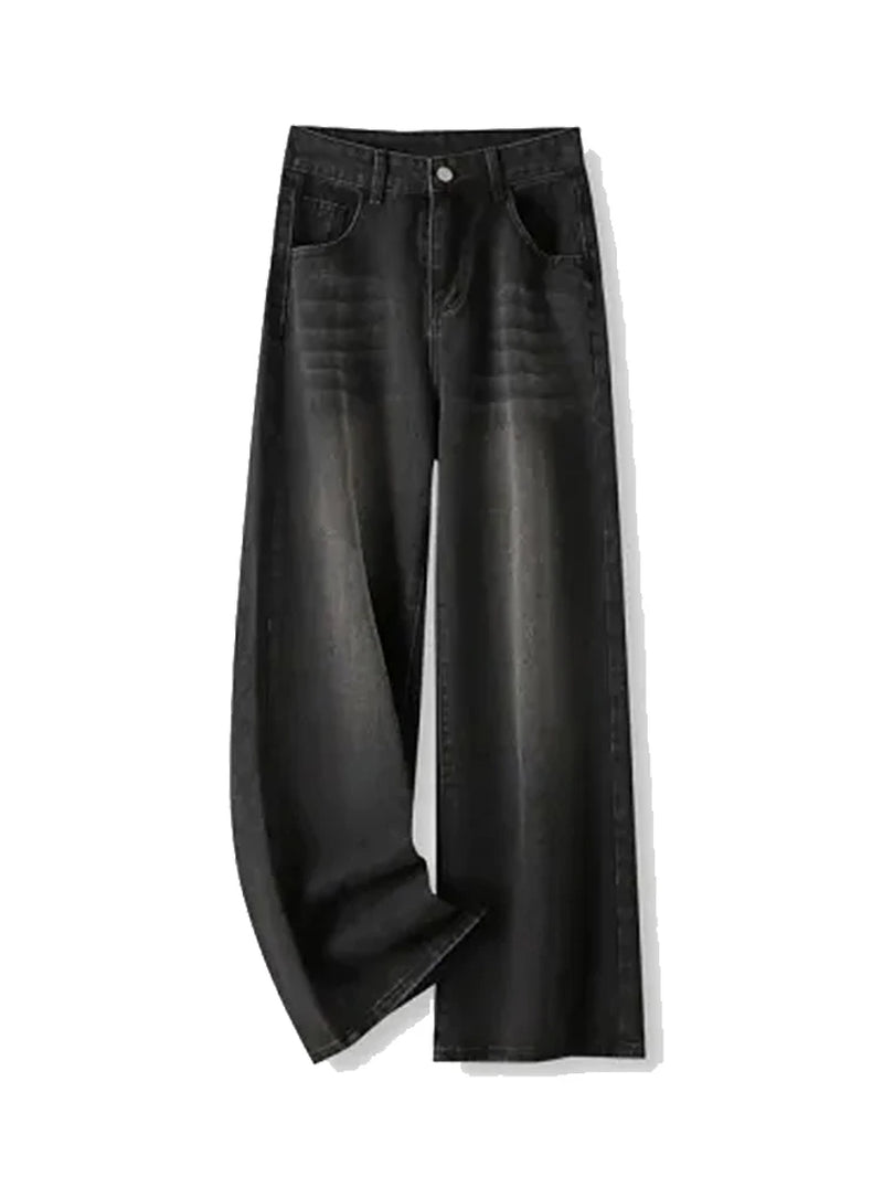 Korean Vintage High Waist Women'S Jeans Y2K Slimming Pear-Shaped Loose Straight Bell Bottoms Black Gray Baggy Denim Trousers