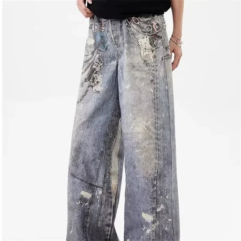 2024 New Men'S 3D Chain Printed Baggy Jeans Autumn Casual Baggy Straight Denim Pants Women High Street Blue Wide-Leg Y2K Jean