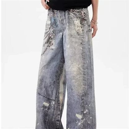 2024 New Men'S 3D Chain Printed Baggy Jeans Autumn Casual Baggy Straight Denim Pants Women High Street Blue Wide-Leg Y2K Jean