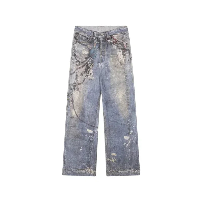 2024 New Men'S 3D Chain Printed Baggy Jeans Autumn Casual Baggy Straight Denim Pants Women High Street Blue Wide-Leg Y2K Jean