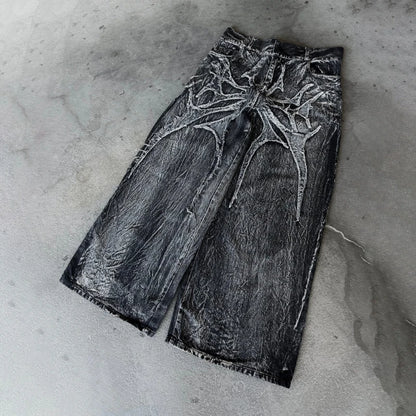 Y2K Phantom Jeans High Street Spider Embroidered Patch Hip Hop Streetwear Gothic Retro Oversized Baggy Fit Unisex Mopping Pants