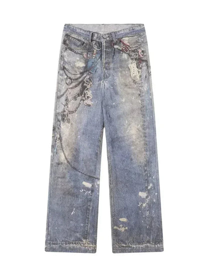 2024 New Men'S 3D Chain Printed Baggy Jeans Autumn Casual Baggy Straight Denim Pants Women High Street Blue Wide-Leg Y2K Jean