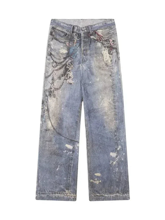 2024 New Men'S 3D Chain Printed Baggy Jeans Autumn Casual Baggy Straight Denim Pants Women High Street Blue Wide-Leg Y2K Jean